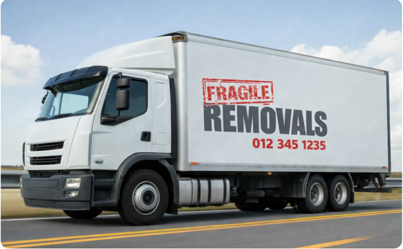 Fragile Removals truck on the road